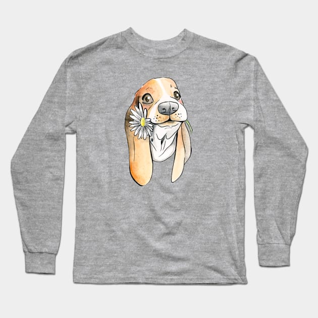 Basset Hound With Flower Long Sleeve T-Shirt by jessicaguarnido